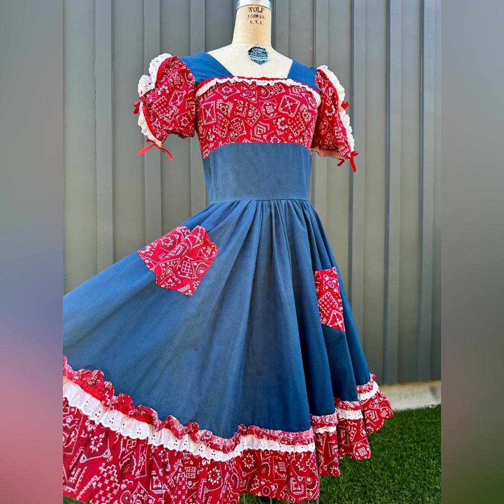 Handmade Vintage Americana Blue and Red Paisley Square Dance Dress - Picture 7 of 8